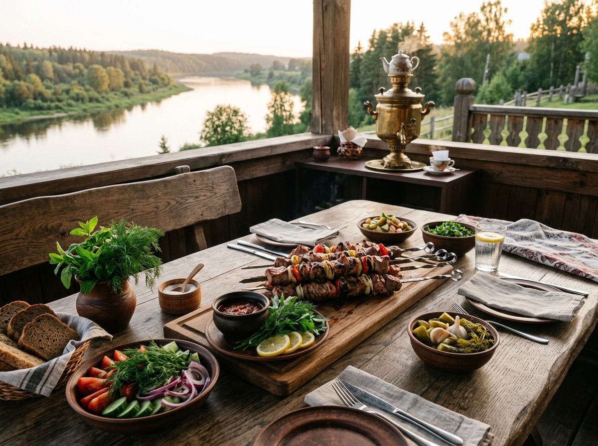 Ужин на веранде: шашлык, овощи и самовар